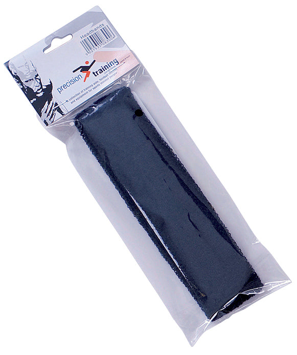 The Precision Training Precision Headbands in black are packaged in a clear plastic bag with a hang tag labeled “Precision Training” at the top.
