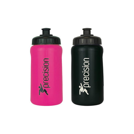 Two 500ml Precision Water Bottles by Precision Training in black, each with a black lid, rubber mouthpiece, and "precision" plus a running figure logo printed vertically on the side.