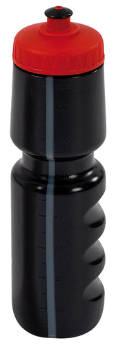 The Precision Training Precision Water Bottle 750ml features a black body, red sports cap, vertical measuring line, and molded grip indents—perfect for staying hydrated on the go.