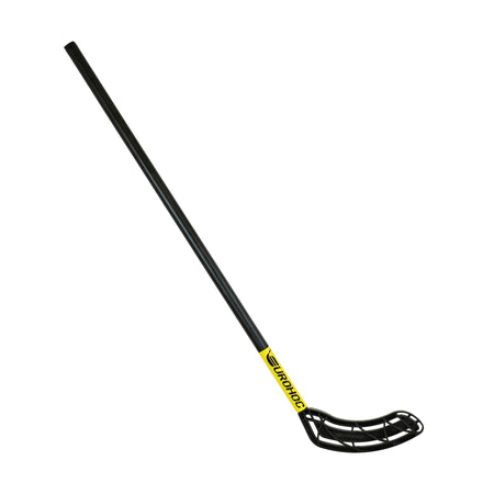 The Eurohoc Floorball Pro Set features a black stick with a long straight shaft, curved netted black blade, and yellow EUROLOC label—perfect for team games that improve hand-eye coordination. Shown on a white background. Brand: Eurohoc.