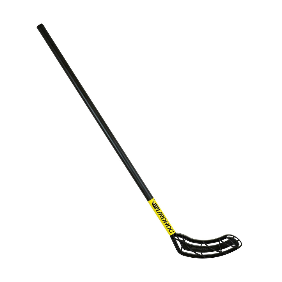 The Eurohoc Floorball Pro Set features a black stick with a long straight shaft, curved netted black blade, and yellow EUROLOC label—perfect for team games that improve hand-eye coordination. Shown on a white background. Brand: Eurohoc.
