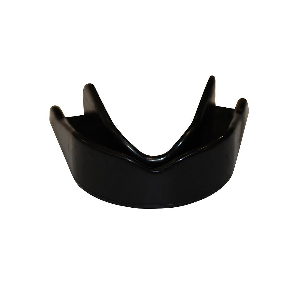 The SafeGard Safegard Essential Mouthguard is a black, contoured boil-and-bite guard for upper teeth, ideal for contact sports. Shown on a plain white background.