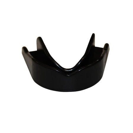 The SafeGard Safegard Essential Mouthguard is a black, contoured boil-and-bite guard for upper teeth, ideal for contact sports. Shown on a plain white background.