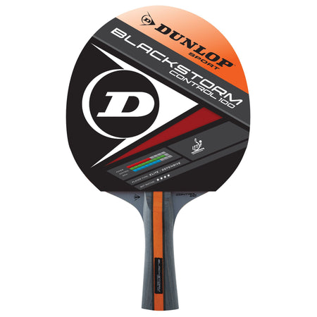 The Dunlop Blackstorm Control Table Tennis Bat features a black, orange, and white design with Dunlop branding—ideal for defensive players seeking ultimate control.