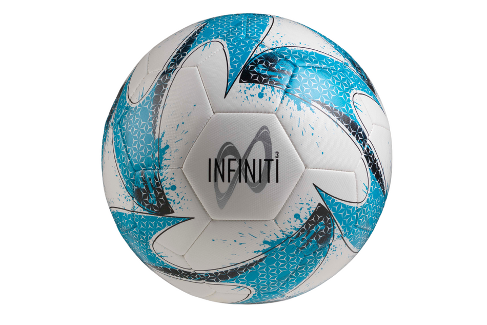 The Samba Infiniti Training Ball 2023 by Samba Sports is a white, blue, and black 32-panel soccer ball featuring the word INFINITI, an infinity symbol on a central hexagon, and geometric pattern details.
