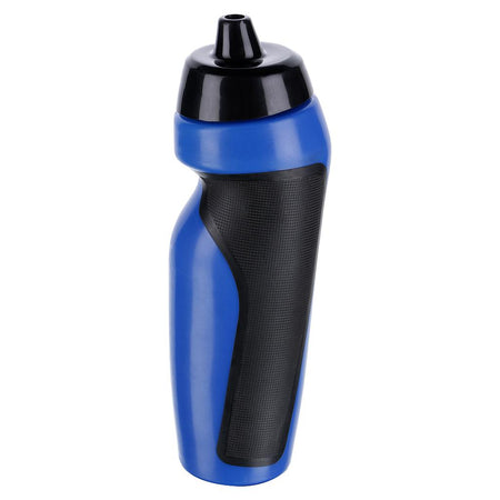 The Precision Training Sports Water Bottle (600ml), BPA-free and blue, features an ergonomic design with a black textured grip and flip-top lid. It stands upright on a white background.