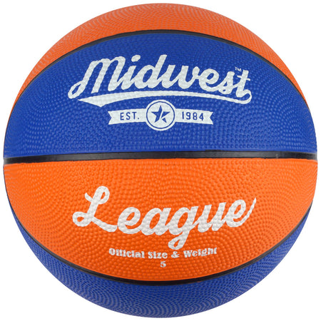 The Midwest League Basketball (Blue/Orange) by Midwest features durable rubber, official size 5, and "Midwest League, Est. 1984" in white—ideal as an indoor outdoor basketball for your games.