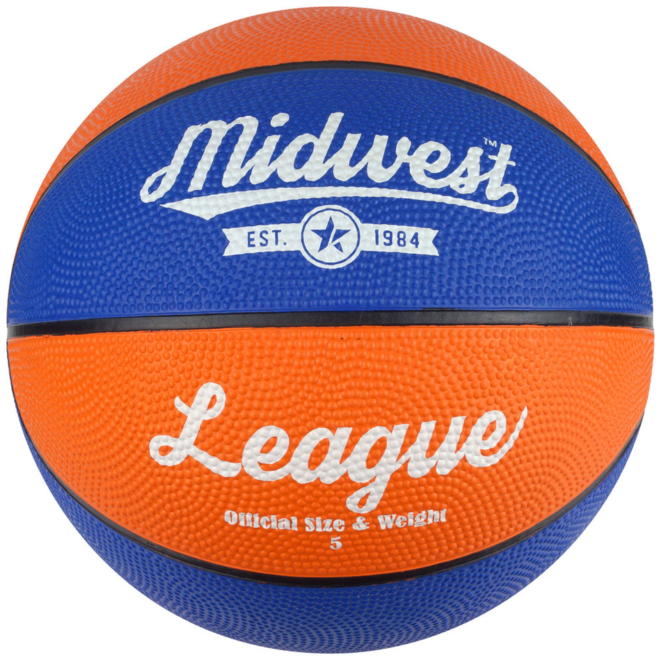The Midwest League Basketball (Blue/Orange) by Midwest features durable rubber, official size 5, and "Midwest League, Est. 1984" in white—ideal as an indoor outdoor basketball for your games.