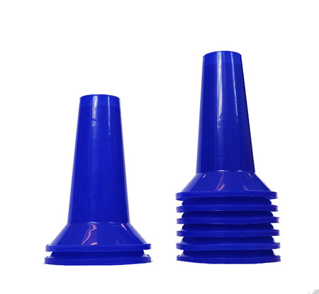 Two blue cones from the Martin Berrill Sports Training Cones - Set of 48 stand upright on a white background, one shorter with a flat base and one taller with lower ridges—ideal coaching equipment for marking drills.