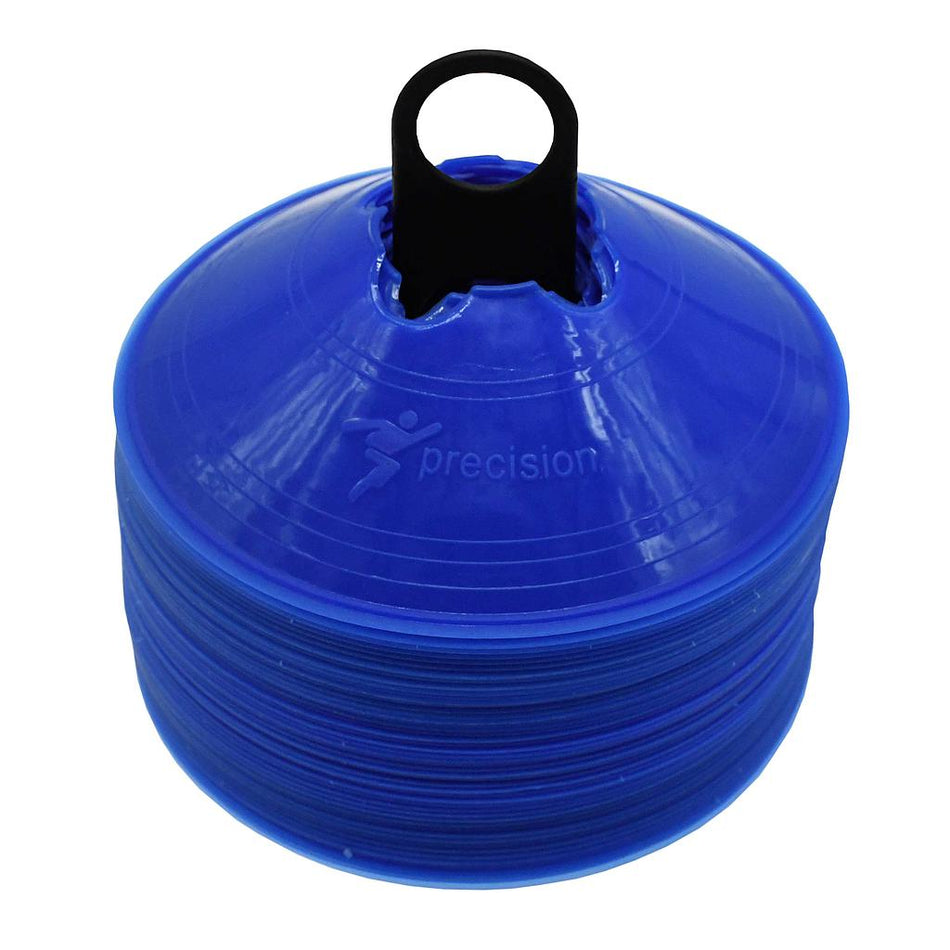 A stack of 50 blue Precision Training Saucer Cones is secured with a black holder and handle. These collapsible plastic cones are ideal for sports drills, with the Precision Training logo on the top cone.