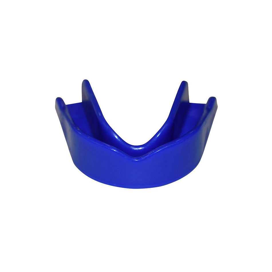 The Safegard Essential Mouthguard by SafeGard, a blue plastic guard designed for contact sports and upper teeth protection, is displayed against a white background.