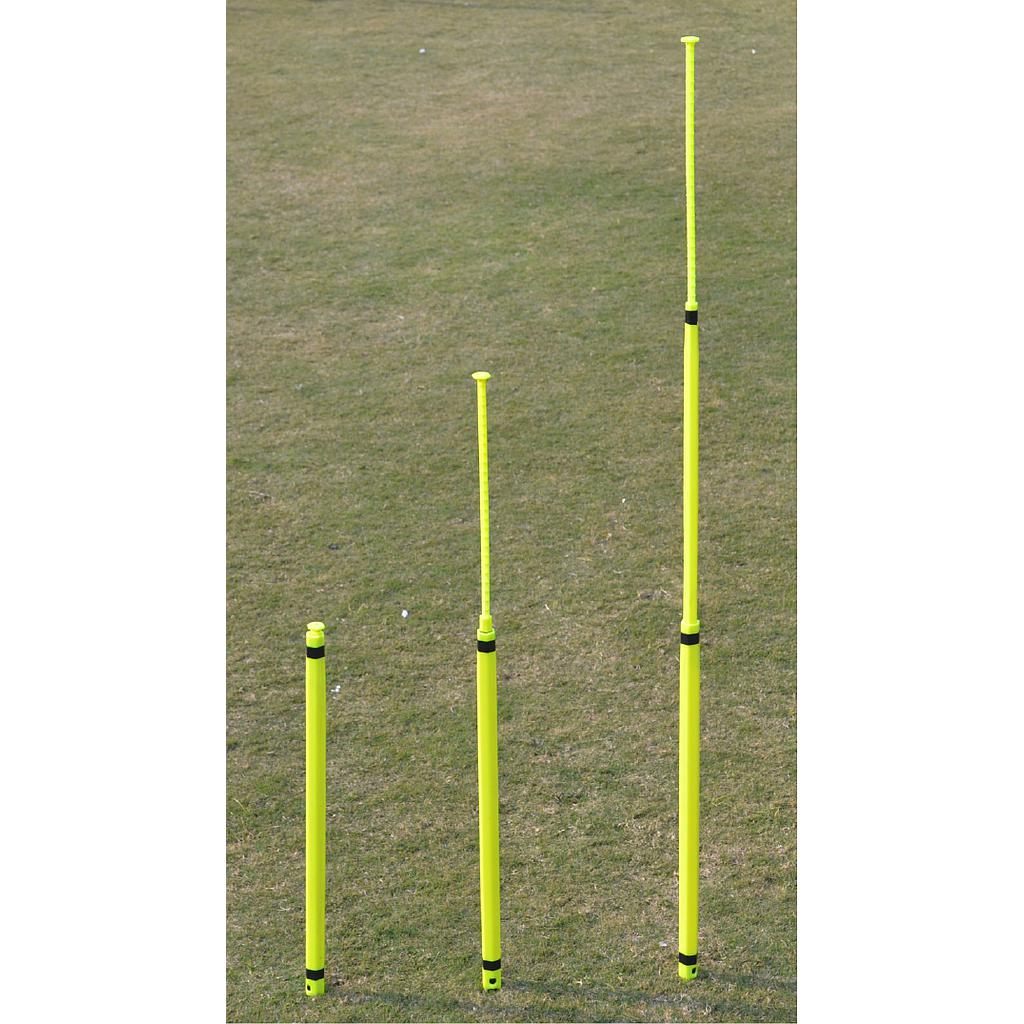 Six yellow Precision Pro HX Boundary Poles by Precision Training stand upright on grass, displaying adjustable heights as telescopic boundary markers.