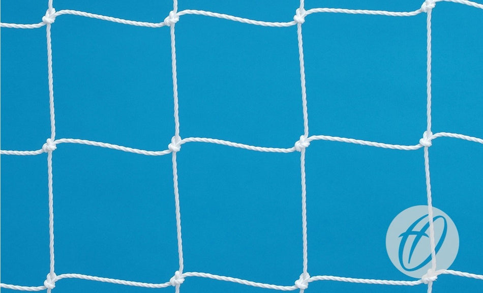 The Harrod Sport 3.66x1.83m Euro Portagoal Net 4MM POLY NET features a white square mesh against blue, with a subtle circular logo in the corner—ideal for 5v5 or 7v7 football, made from durable polyethylene.