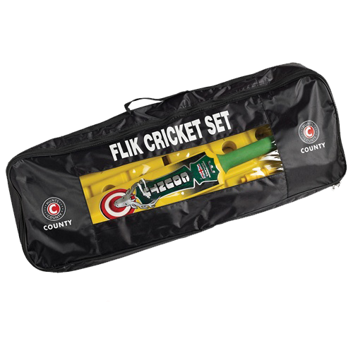 A black zippered carrying case labeled "Hunts County Flik Cricket Set (Yellow)" by Hunts County, perfect for junior practice or garden cricket, features a clear window showing the green and yellow bat and COUNTY logos on the bag’s corners.