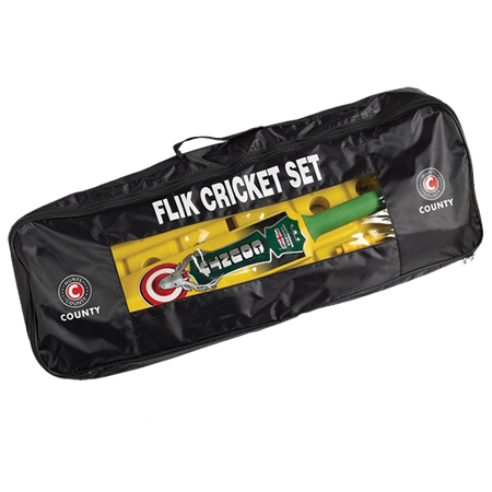 A black zippered carrying case labeled "Hunts County Flik Cricket Set (Yellow)" by Hunts County, perfect for junior practice or garden cricket, features a clear window showing the green and yellow bat and COUNTY logos on the bag’s corners.