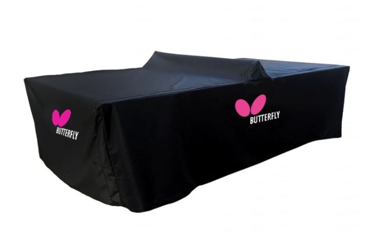 The Butterfly Ultimate/Playground/Concrete Table Cover is a black outdoor cover featuring the pink Butterfly logo and brand name on the side and end, designed to fit over a folded 9x5 table.