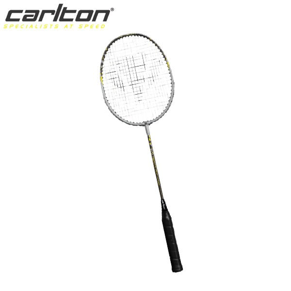 The Carlton Aeroblade 4000 Badminton Racket features a white frame, black handle, and taut strings. Its titanium alloy build offers lightweight durability. The Carlton logo is shown in the top left on a white background.