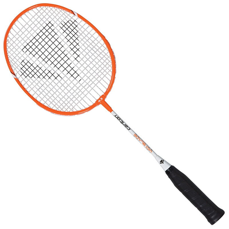 The Carlton Midi-Blade ISO 4.3 is a lightweight badminton racket with an orange frame, black strings, and a black grip handle—perfect for beginner players. Shown on a white background.