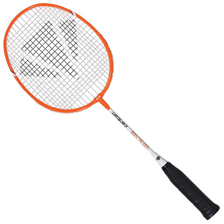 The Carlton Midi-Blade ISO 4.3 is a lightweight badminton racket with an orange frame, black strings, and a black grip handle—perfect for beginner players. Shown on a white background.