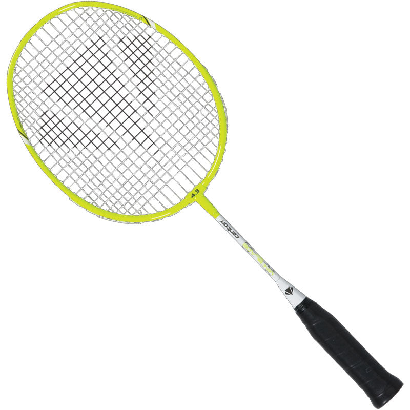 The Carlton Mini-Blade ISO 4.3 Badminton Racket features a yellow and white design with a black grip and IsoFrame head, displayed against a white background.