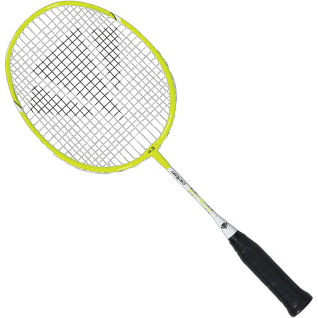 The Carlton Mini-Blade ISO 4.3 Badminton Racket features a yellow and white design with a black grip and IsoFrame head, displayed against a white background.