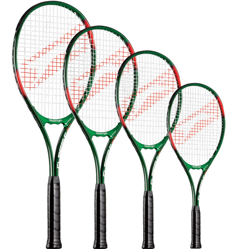 Four Slazenger tennis rackets, including the Slazenger Classic 25" Tennis Racket, are displayed side by side with green frames, red accents, and black grips against a white background.