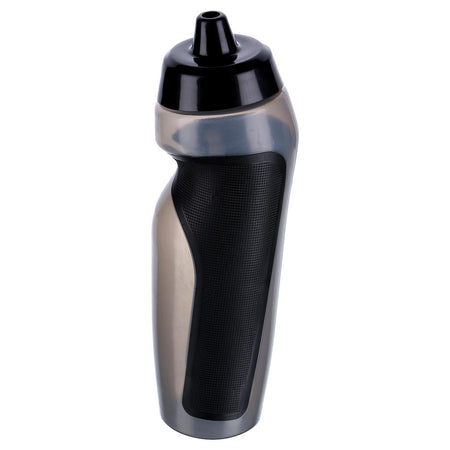 The Precision Training Sports Water Bottle (600ml) is a BPA-free, black and gray plastic bottle with an ergonomic contoured grip and a black flip-top spout, shown upright on a white background.