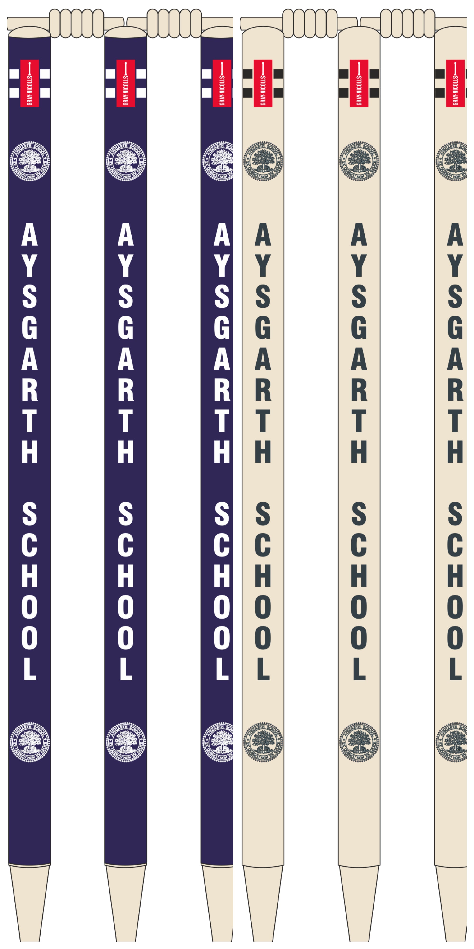Six Gray Nicolls Custom Printed Club Cricket Stumps stand upright in a row, featuring blue or cream designs with text and the Aysgarth School crest—each with an eraser on top, resembling decorative pencils.