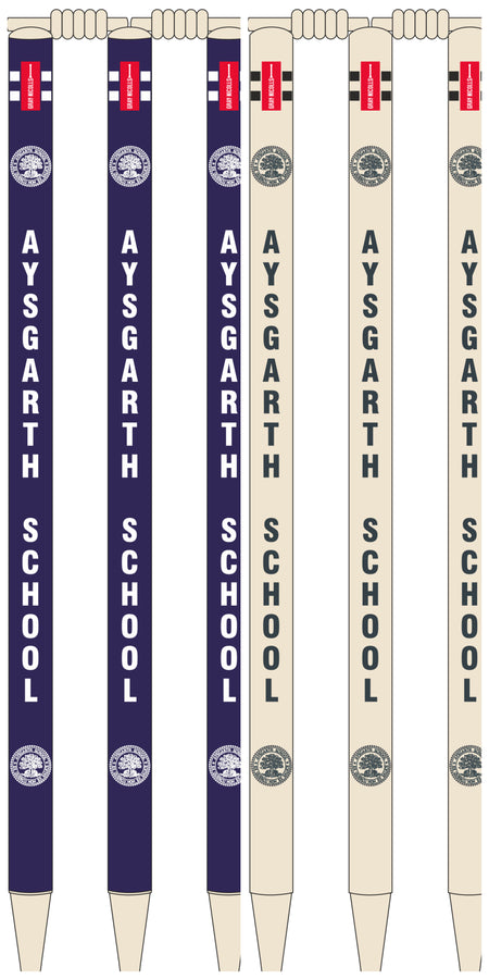 Six Gray Nicolls Custom Printed Club Cricket Stumps stand upright in a row, featuring blue or cream designs with text and the Aysgarth School crest—each with an eraser on top, resembling decorative pencils.
