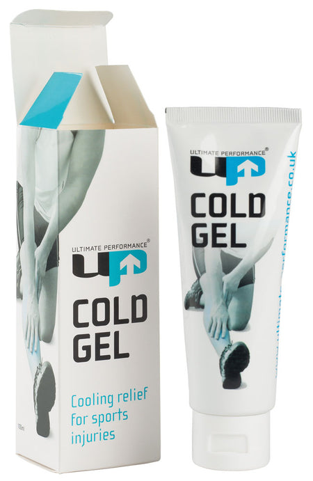A white tube and box of Reydon Sports Ultimate Performance Cold Gel, labeled "Cooling relief for muscular pain and sports injuries," with packaging showing a person holding their knee.