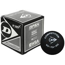 The Dunlop Competition 1 Ball Box x 12 by Dunlop features a black and white box with balls that have a single yellow dot, perfect for club play and designed for longer hang-time.