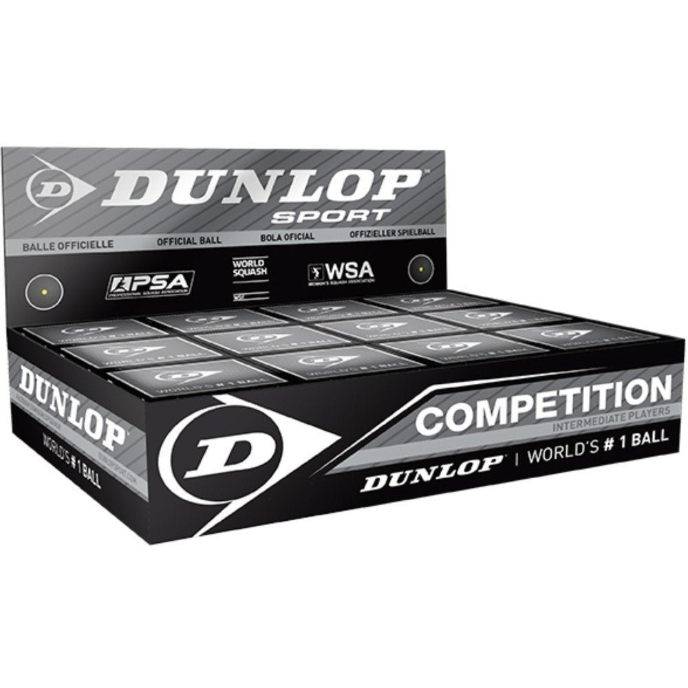 The Dunlop Competition 1 Ball Box x 12 features twelve individually boxed squash balls for intermediate club play, each labeled with a single yellow dot for longer hang-time, neatly packed in a branded Dunlop display box.