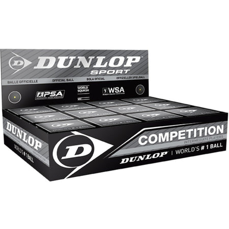 The Dunlop Competition 1 Ball Box x 12 features twelve individually boxed squash balls for intermediate club play, each labeled with a single yellow dot for longer hang-time, neatly packed in a branded Dunlop display box.