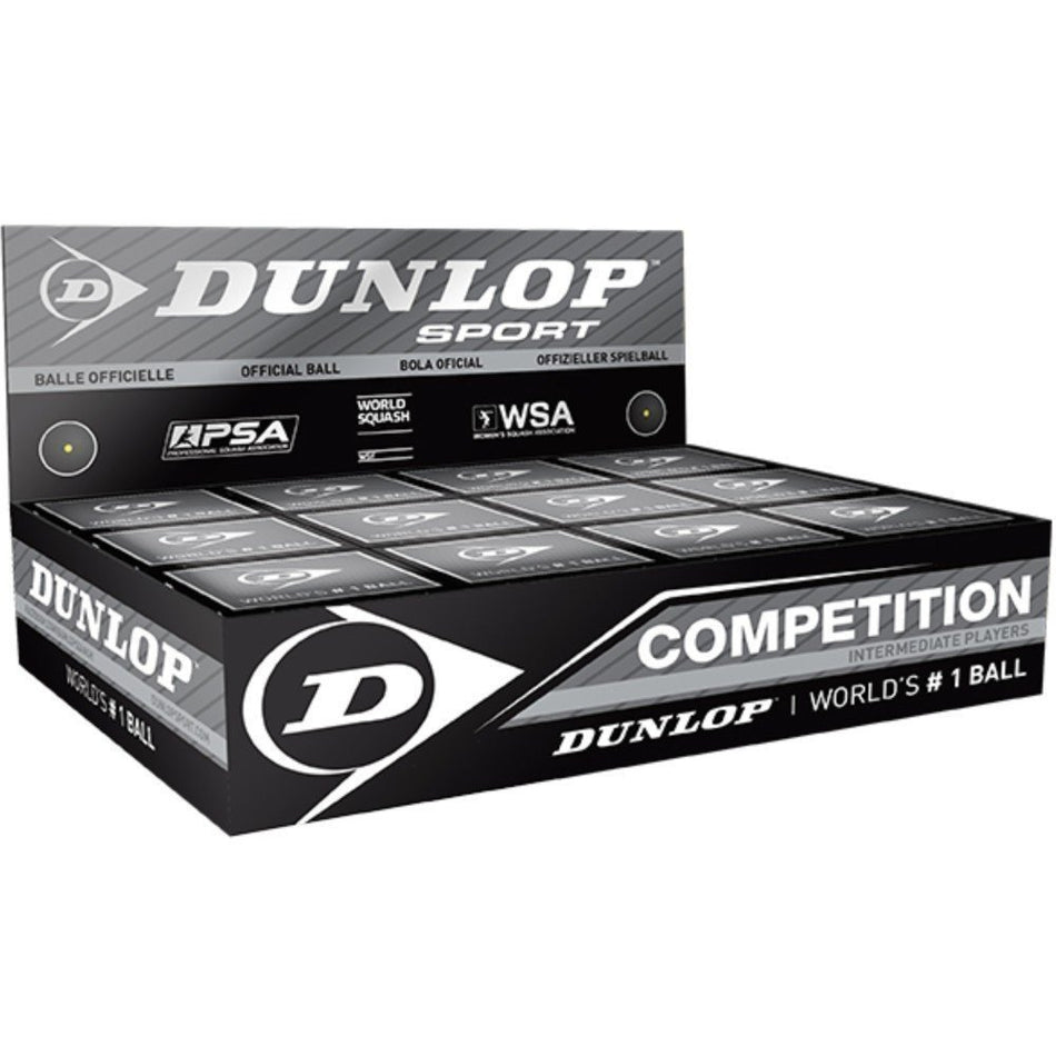 The Dunlop Competition 1 Ball Box x 12 features twelve individually boxed squash balls for intermediate club play, each labeled with a single yellow dot for longer hang-time, neatly packed in a branded Dunlop display box.