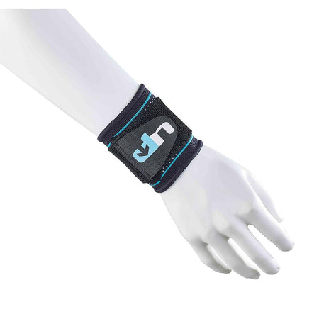 A Reydon Sports Ultimate Performance Advanced Ultimate Compression Wrist Support in black and blue with a logo is shown on a mannequin's wrist and hand against a white background.