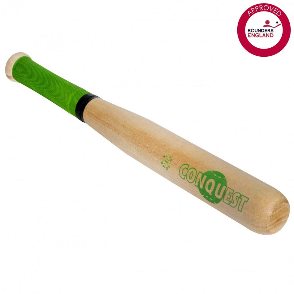 The Sure Shot Conquest Rounders Bat is a lightweight two-piece wooden bat with a green grip, "CONQUEST" in green on the side, and a red Rounders England approved logo on the upper right corner. Brand: Sure Shot.