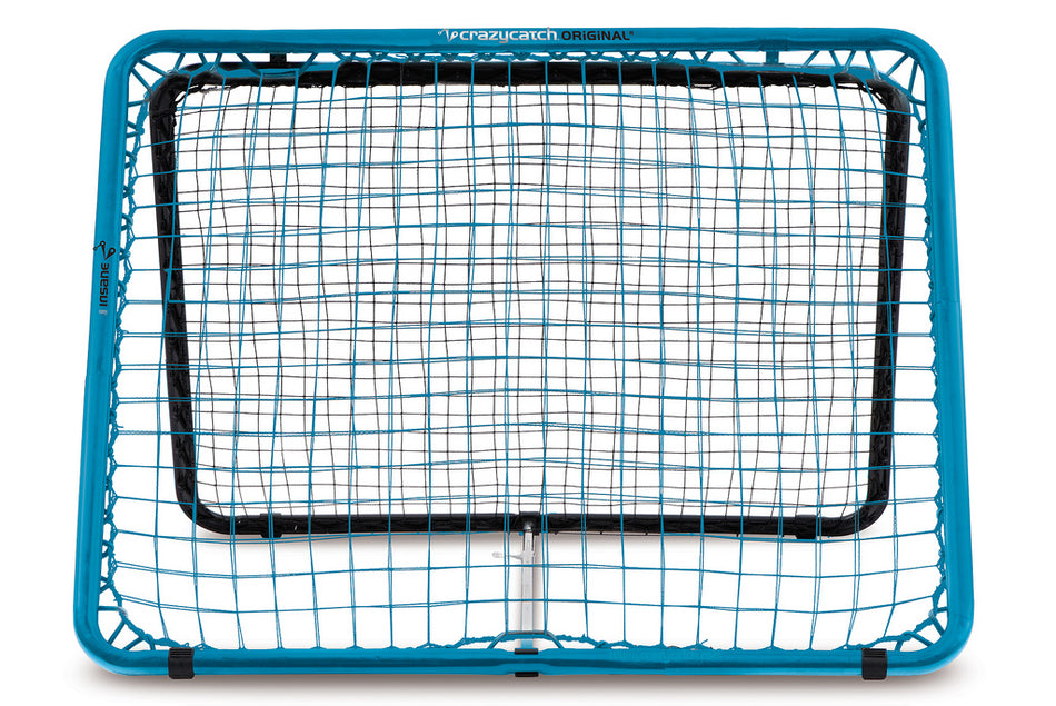 A blue-framed Crazy Catch Professional Classic net with tightly woven black mesh stands upright against a white background, featuring the Crazy Catch branding at the top.