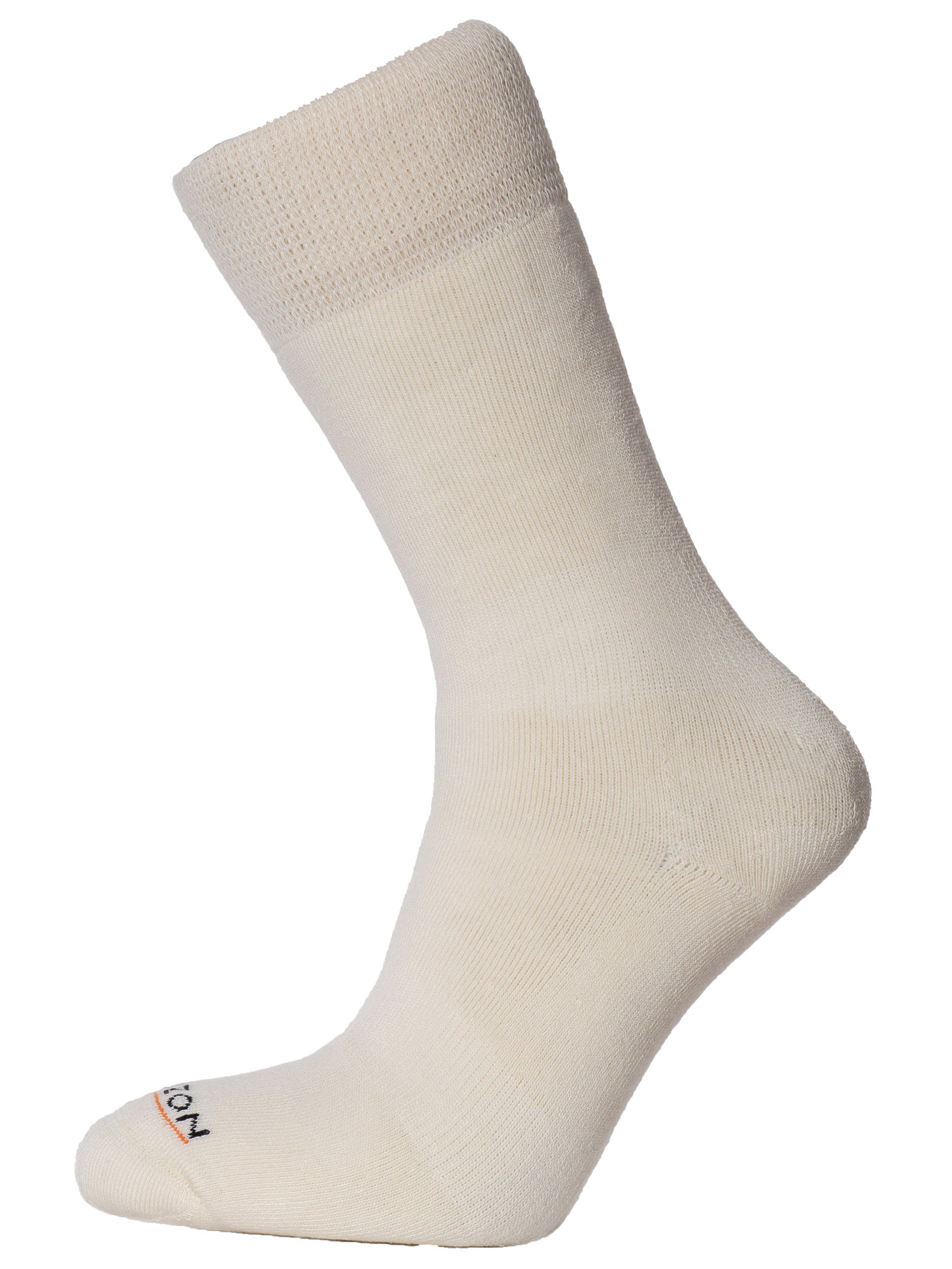 The Horizon Club Cricket Sock (Cream) by Horizon Socks stands upright on a white background, showcasing cushioned cotton, an elastic grip, visible heel and toe, ribbed cuff, and part of the logo near the toe.