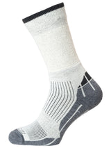 The Horizon Pro Cricket Coolmax Crew Cricket Sock by Horizon Socks is a gray and white athletic sock with black accents, featuring ribbed and cushioned sections for support, shown on an invisible foot model against a white background.