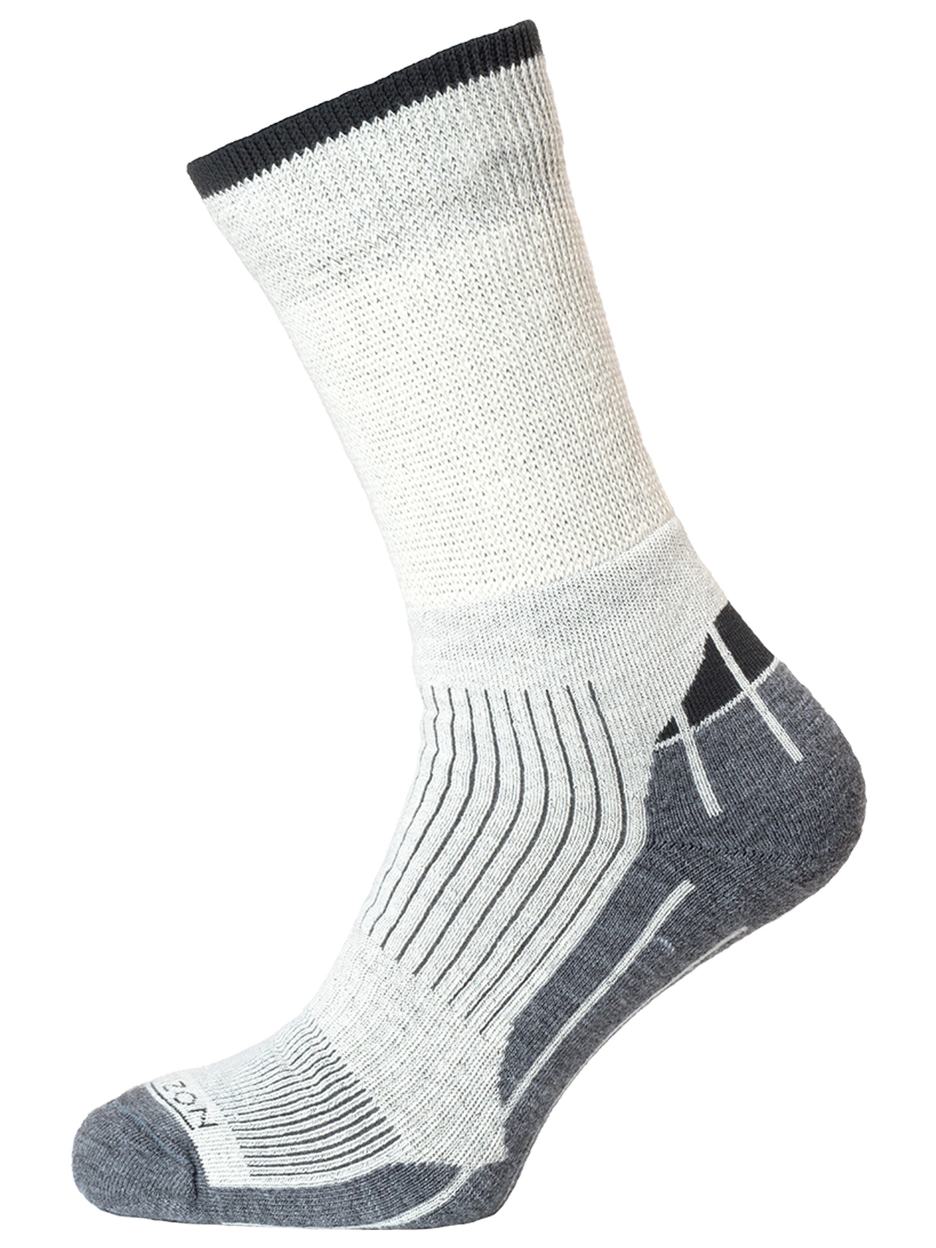 The Horizon Pro Cricket Coolmax Crew Cricket Sock by Horizon Socks is a gray and white athletic sock with black accents, featuring ribbed and cushioned sections for support, shown on an invisible foot model against a white background.