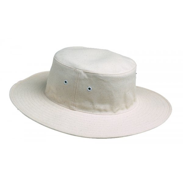 The Hunts County Cream Cricket Sunhat is a lightweight hat with a wide brim, ventilation eyelets, and a flat crown by Hunts County—ideal for sun protection.