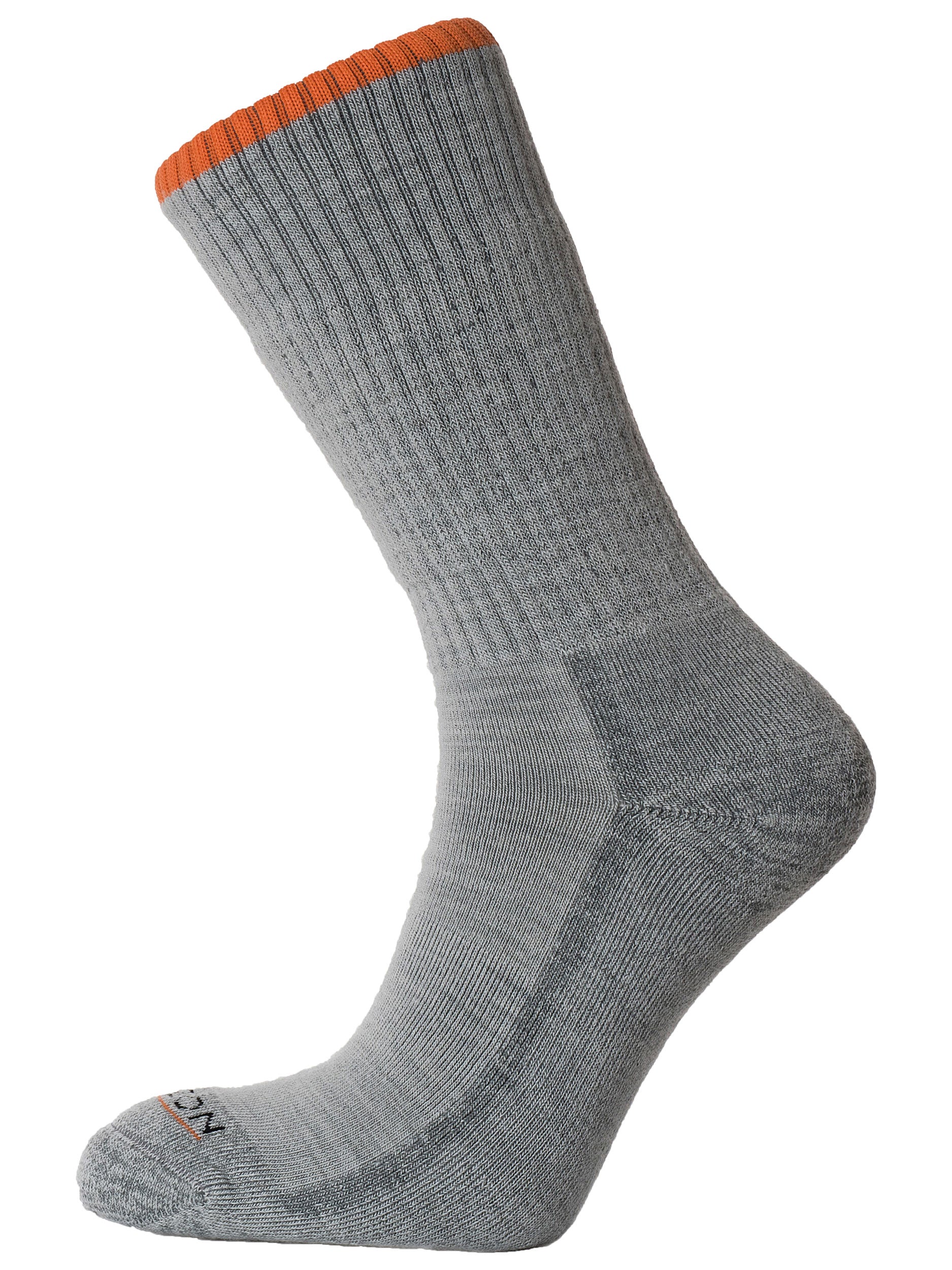 The Horizon T20 Cricket Sock by Horizon Socks is a single gray Merino wool crew sock with a ribbed texture, orange cuff, and reinforced heel and toe, shown on a white background.