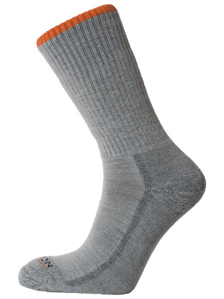 The Horizon T20 Cricket Sock by Horizon Socks is a single gray Merino wool crew sock with a ribbed texture, orange cuff, and reinforced heel and toe, shown on a white background.