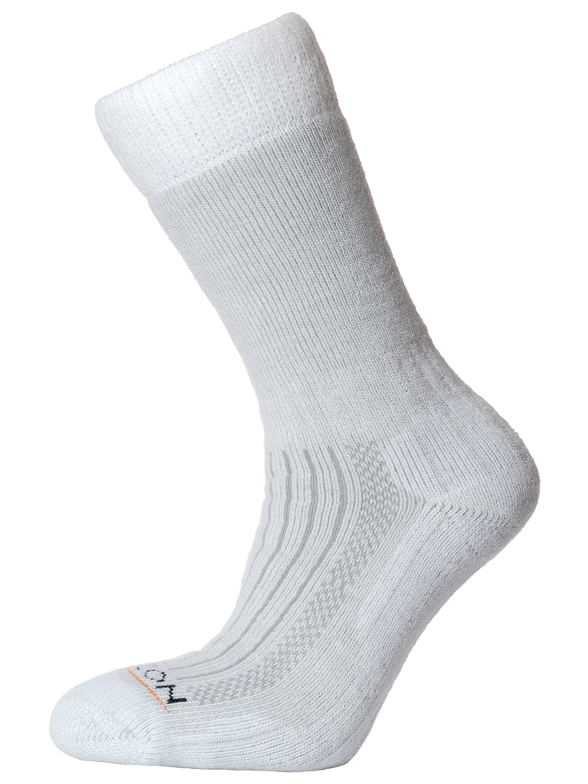 The Horizon Test Cricket Sock by Horizon Socks is a single white sock with a ribbed texture, standing upright on a white background. The toe sports subtle gray and orange details, blending style with the lasting durability of premium cricket socks.