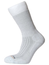 The Horizon Test Cricket Sock by Horizon Socks is a single white sock with a ribbed texture, standing upright on a white background. The toe sports subtle gray and orange details, blending style with the lasting durability of premium cricket socks.