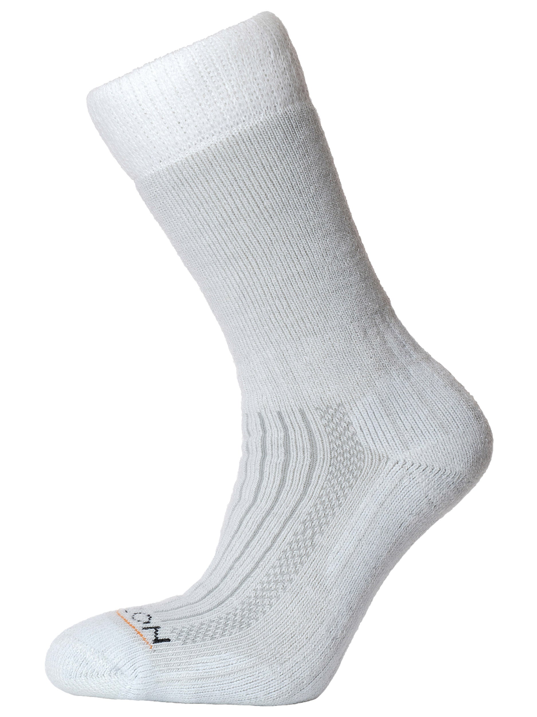 The Horizon Test Cricket Sock by Horizon Socks is a single white sock with a ribbed texture, standing upright on a white background. The toe sports subtle gray and orange details, blending style with the lasting durability of premium cricket socks.