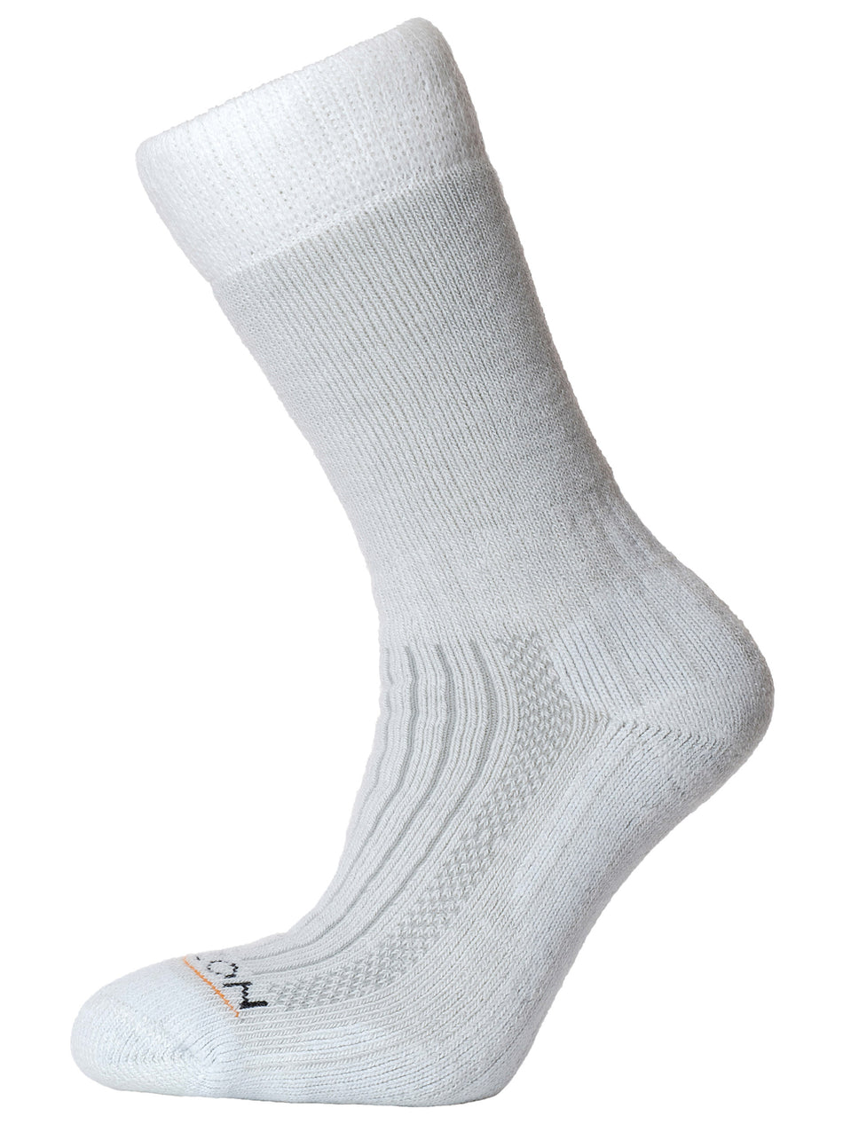 The Horizon Test Cricket Sock by Horizon Socks is a single white sock with a ribbed texture, standing upright on a white background. The toe sports subtle gray and orange details, blending style with the lasting durability of premium cricket socks.