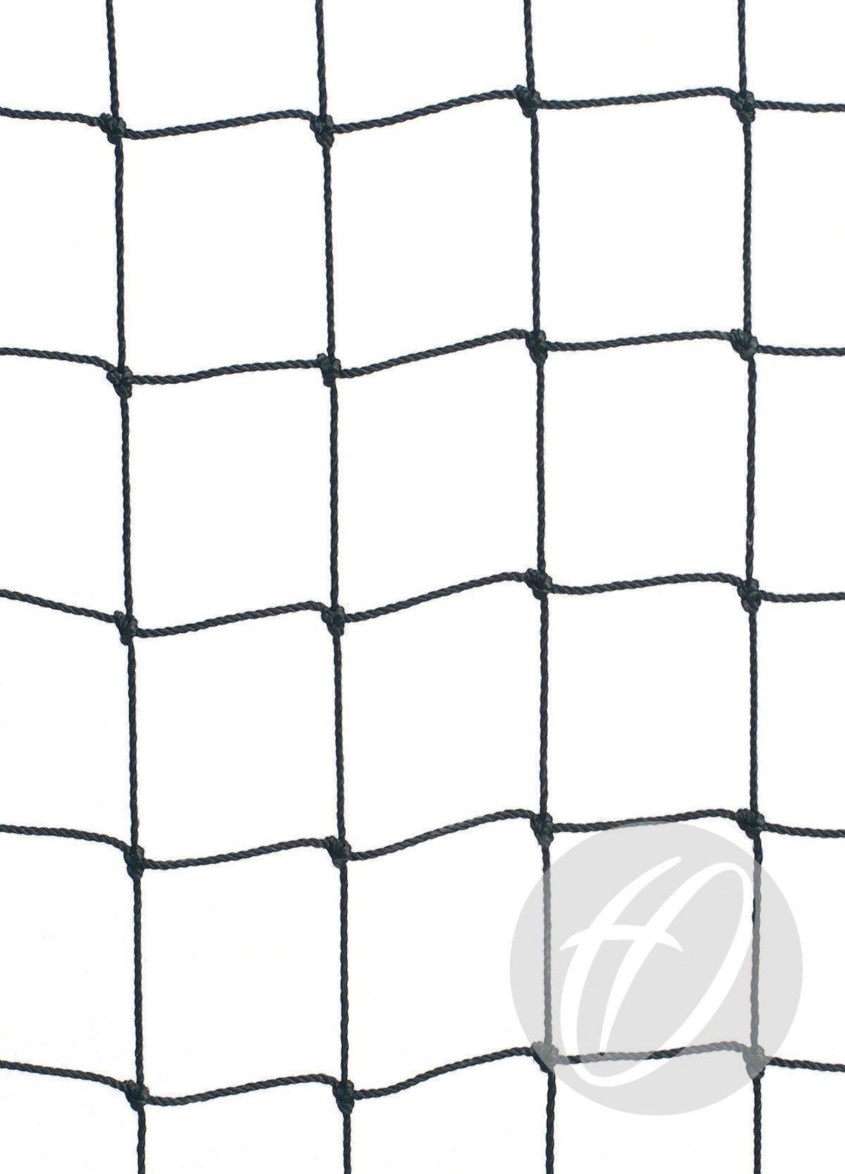 Harrod Sport Replacement Cricket Cage Net in black with a square mesh pattern, shown against a plain white background. The net features subtle curves in certain sections, and a lightly faded circular logo is visible in the lower right corner. Ideal as a replacement net for cricket cages or practice facilities.