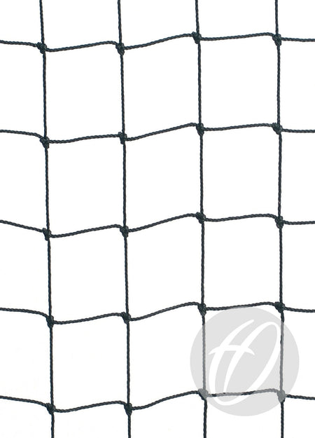 Harrod Sport Replacement Cricket Cage Net in black with a square mesh pattern, shown against a plain white background. The net features subtle curves in certain sections, and a lightly faded circular logo is visible in the lower right corner. Ideal as a replacement net for cricket cages or practice facilities.