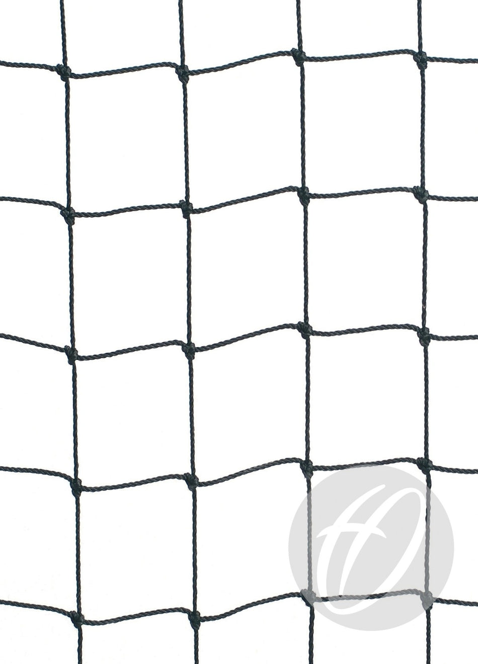 Harrod Sport Replacement Cricket Cage Net in black with a square mesh pattern, shown against a plain white background. The net features subtle curves in certain sections, and a lightly faded circular logo is visible in the lower right corner. Ideal as a replacement net for cricket cages or practice facilities.